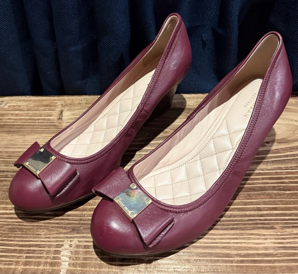 Cole Haan Burgundy Leather Bow Wedge Shoes Size 8 Maroon Merlot Pumps